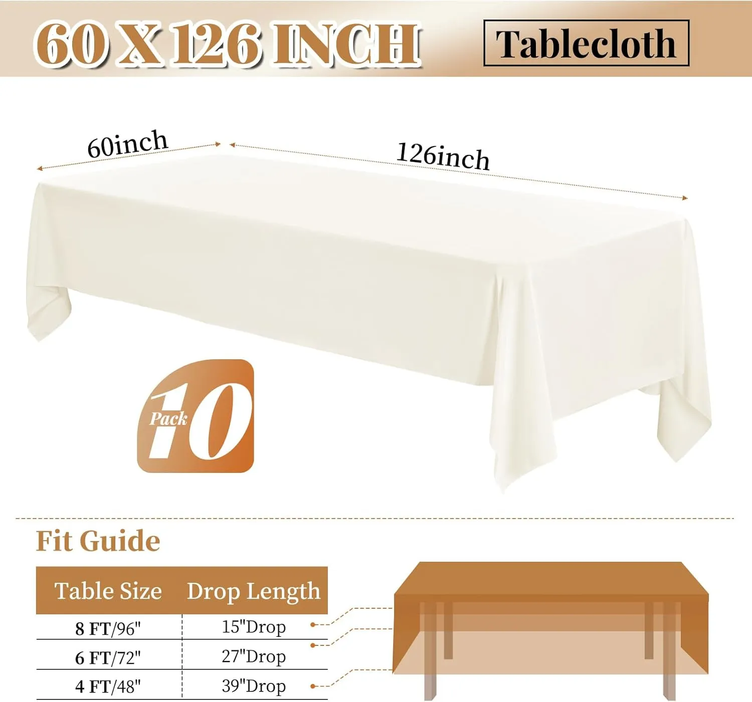 10 Pack 60 x 126 Inch Tablecloth, Ivory Tablecloth for 8 Feet Rectangle Tables, Stain and Wrinkle Resistant Washable Fabric Table Cloth for Wedding Party Dining Table Buffet Parties Camping