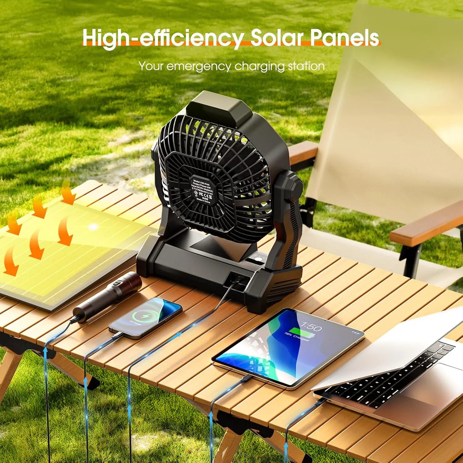 10800mAh Solar Powered Fan, 7W Solar Camping Fans & Led Lantern, 8-inch Rechargeable Fan with Solar Panel, Battery Operated Powered Outdoor Tent Fans for Camping Essentials Accessories