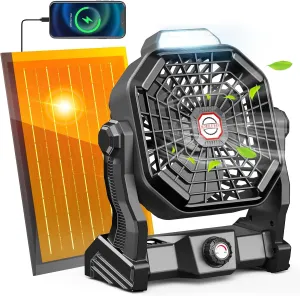 10800mAh Solar Powered Fan, 7W Solar Camping Fans & Led Lantern, 8-inch Rechargeable Fan with Solar Panel, Battery Operated Powered Outdoor Tent Fans for Camping Essentials Accessories