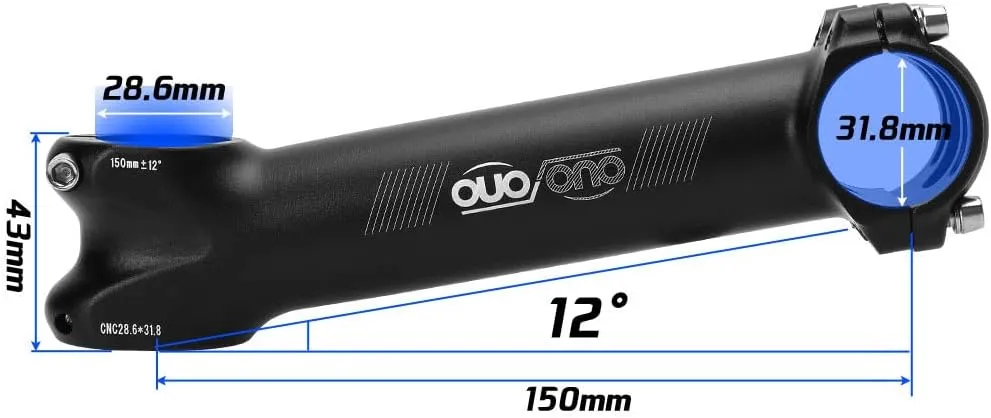 150mm Super Long Shock-Absorbing Bike Handlebar Stem for Road/Mountain Bike Aluminum Alloy CNC Fitting Pole Folding Bike Stems 12-Degree 31.8mm