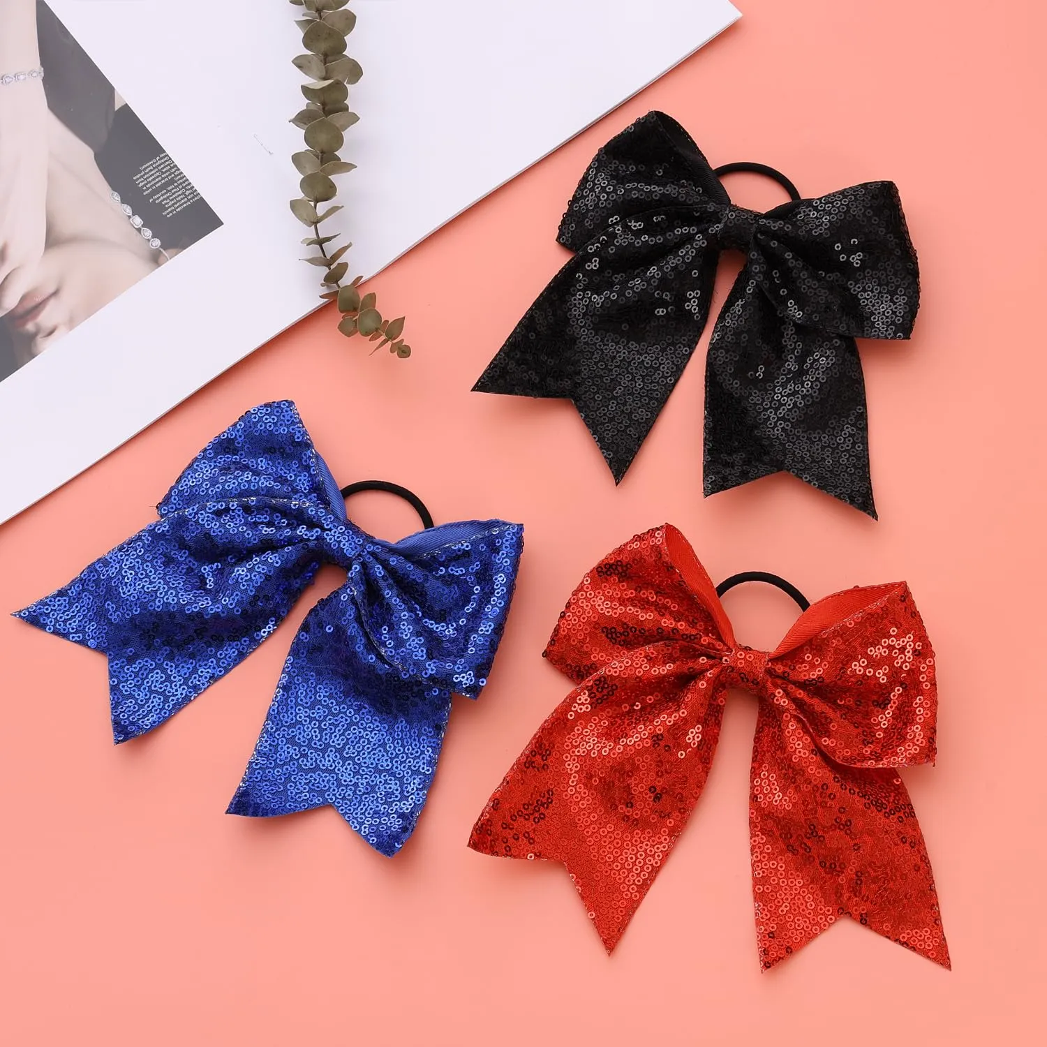 16 PCS Large Glitter Black Cheer Hair Bows, Shiny Cheerleading Bows Ponytail Holder for Cheerleader Girls Softball Sports and Christmas Tree Decor (Black)