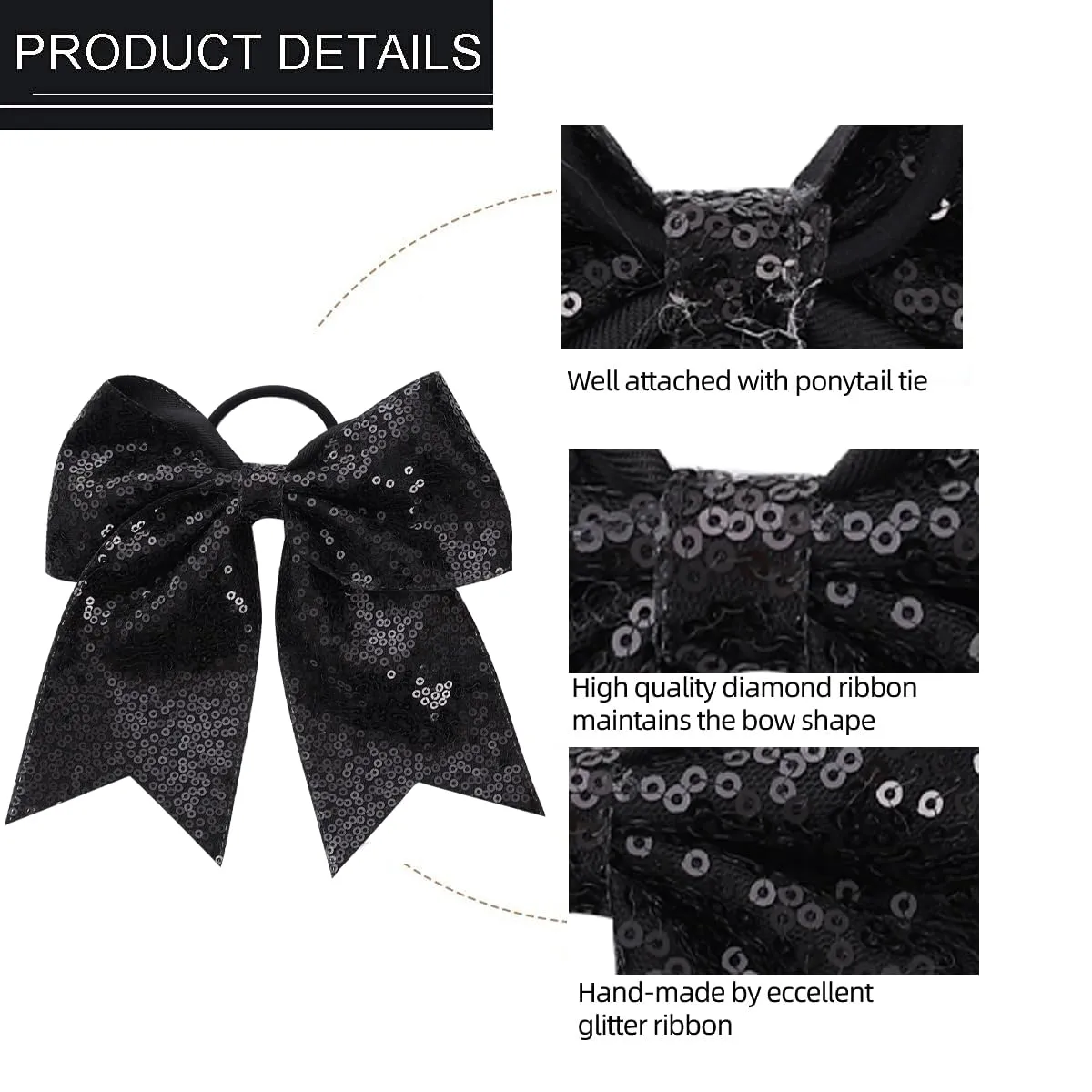16 PCS Large Glitter Black Cheer Hair Bows, Shiny Cheerleading Bows Ponytail Holder for Cheerleader Girls Softball Sports and Christmas Tree Decor (Black)