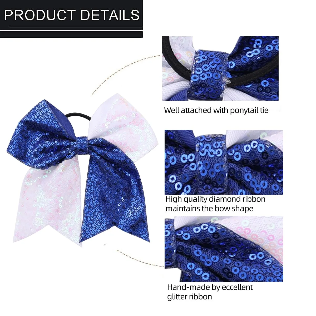 16 PCS Large Glitter Blue White Cheer Hair Bows, Shiny Cheerleading Bows Ponytail Holder for Cheerleader Girls Softball Sports and Christmas Tree Decor (Blue White)