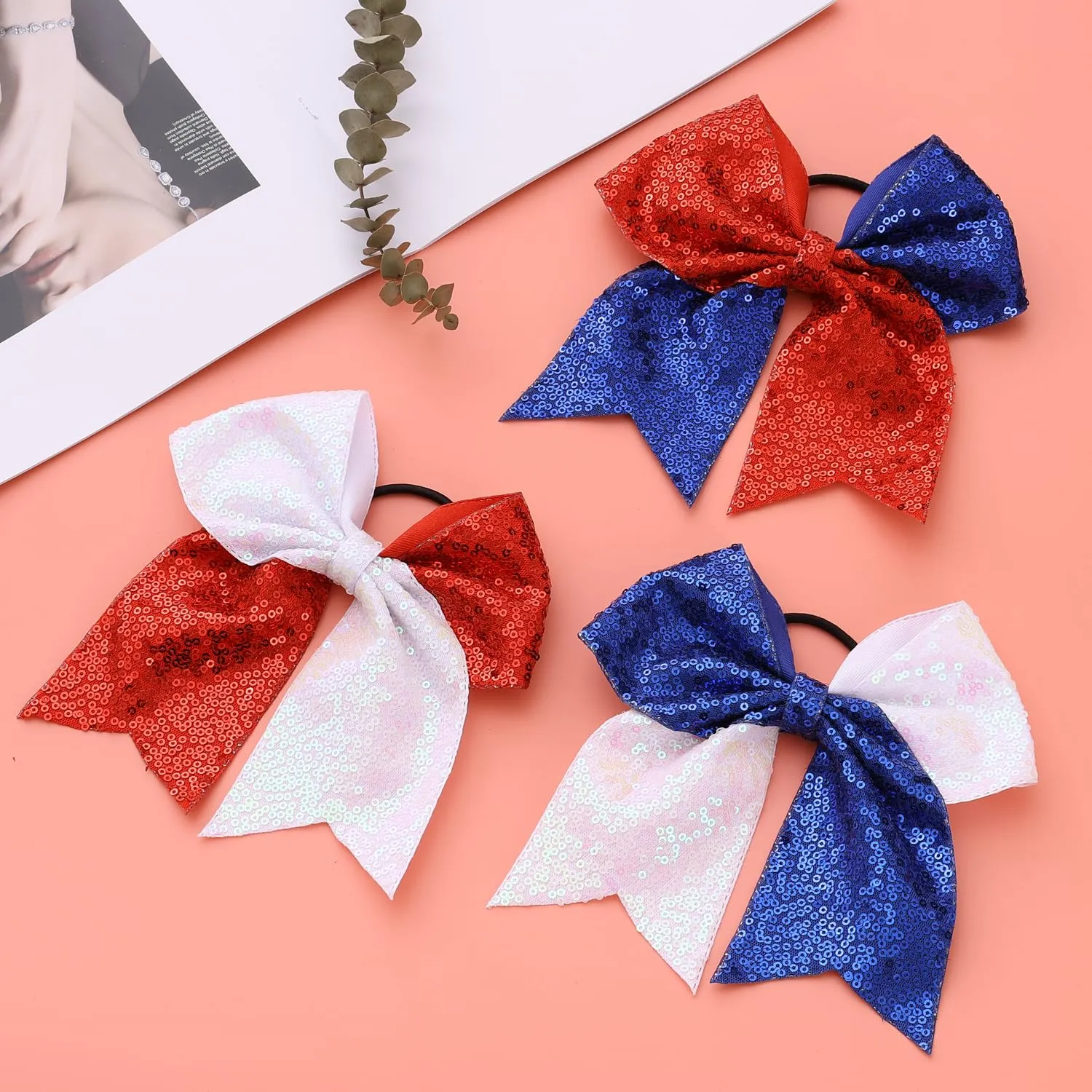 16 PCS Large Glitter Blue White Cheer Hair Bows, Shiny Cheerleading Bows Ponytail Holder for Cheerleader Girls Softball Sports and Christmas Tree Decor (Blue White)