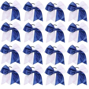 16 PCS Large Glitter Blue White Cheer Hair Bows, Shiny Cheerleading Bows Ponytail Holder for Cheerleader Girls Softball Sports and Christmas Tree Decor (Blue White)