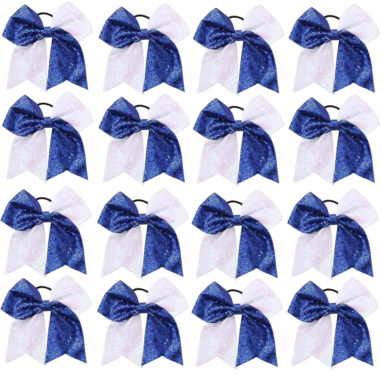 16 PCS Large Glitter Blue White Cheer Hair Bows, Shiny Cheerleading Bows Ponytail Holder for Cheerleader Girls Softball Sports and Christmas Tree Decor (Blue White)