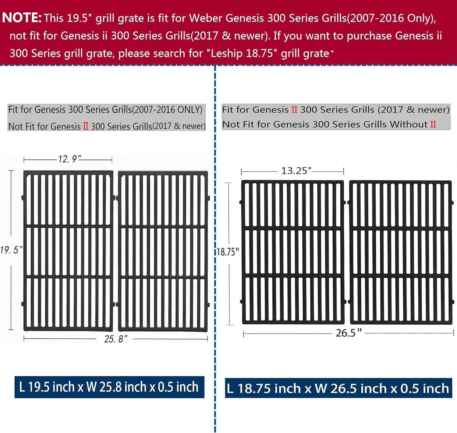 19.5 inch Cooking Grates Replace for Weber 7524, 7528, Weber Genesis 300 Series Genesis E310 E320 E330 S310 S320 S330 EP310 EP320 EP330 Grills, Cast Iron Grill Grates (19.5" x 12.9" Each)