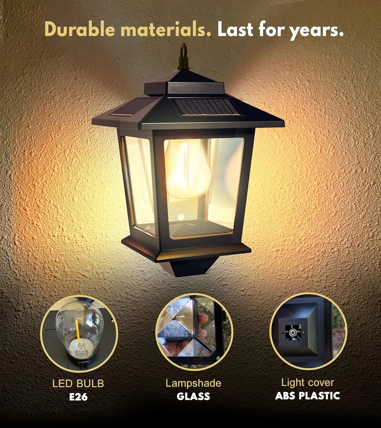 2 Pack Solar Wall Lanterns with Replaceable Bulb, Outdoor Hanging Solar Lights with 4 Solar Panels, Dusk to Dawn Led Outdoor Wall Sconce, Anti-Rust Waterproof Wall Lanterns with Hooks