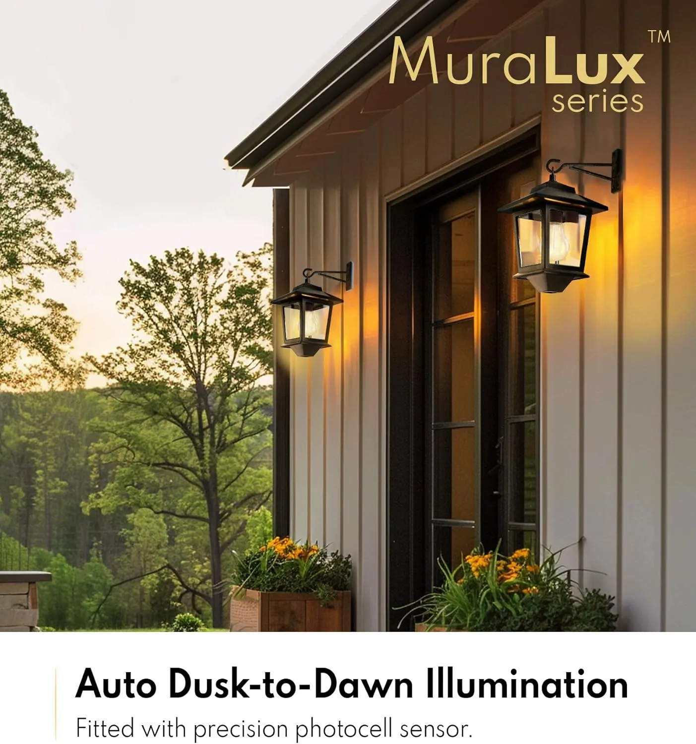 2 Pack Solar Wall Lanterns with Replaceable Bulb, Outdoor Hanging Solar Lights with 4 Solar Panels, Dusk to Dawn Led Outdoor Wall Sconce, Anti-Rust Waterproof Wall Lanterns with Hooks