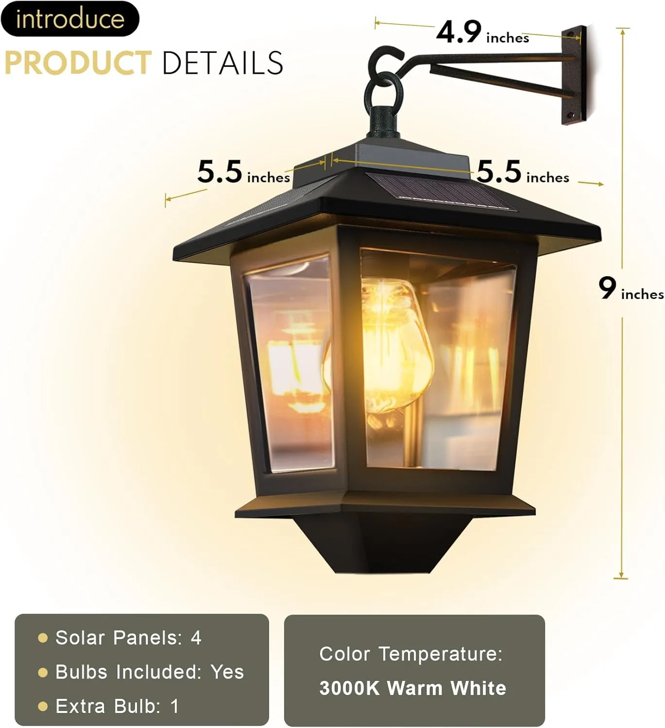 2 Pack Solar Wall Lanterns with Replaceable Bulb, Outdoor Hanging Solar Lights with 4 Solar Panels, Dusk to Dawn Led Outdoor Wall Sconce, Anti-Rust Waterproof Wall Lanterns with Hooks