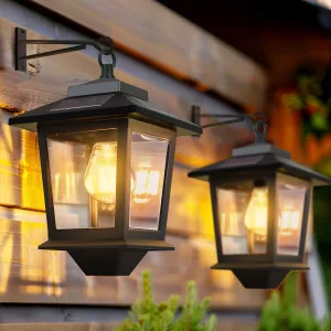 2 Pack Solar Wall Lanterns with Replaceable Bulb, Outdoor Hanging Solar Lights with 4 Solar Panels, Dusk to Dawn Led Outdoor Wall Sconce, Anti-Rust Waterproof Wall Lanterns with Hooks