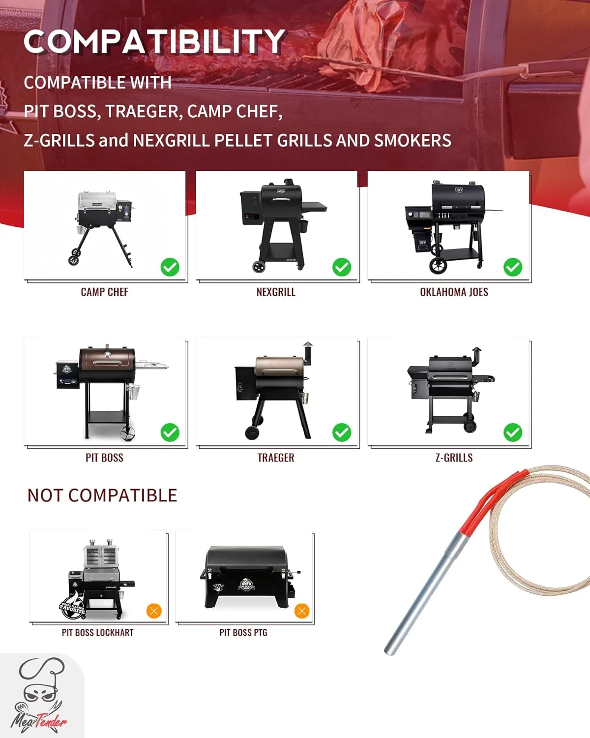 2 PCs of AC Hot Rod/Grill Igniter Replacement, Compatible for Traeger, Pit Boss, Camp Chef, Z Grills Pellet Grill Models