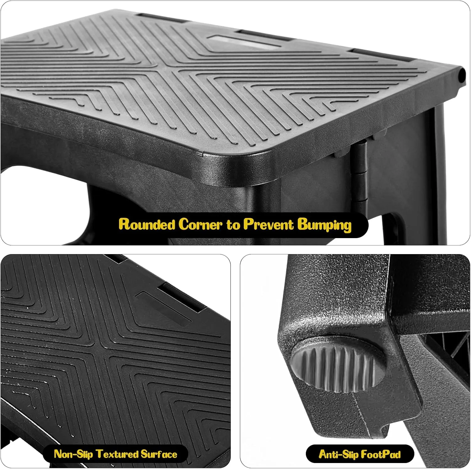 2-Step Stool Foldable, Non-Slip Folding Step Stool Plastic Steps Ladder Bedside Stepstools Collapsible Step Stools for Adults for Kitchen Home Bathroom RV-Black