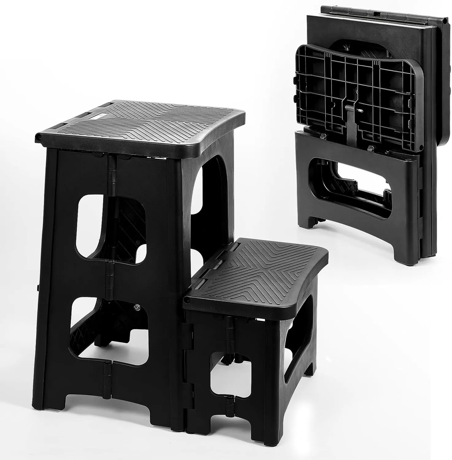 2-Step Stool Foldable, Non-Slip Folding Step Stool Plastic Steps Ladder Bedside Stepstools Collapsible Step Stools for Adults for Kitchen Home Bathroom RV-Black