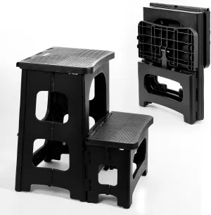2-Step Stool Foldable, Non-Slip Folding Step Stool Plastic Steps Ladder Bedside Stepstools Collapsible Step Stools for Adults for Kitchen Home Bathroom RV-Black
