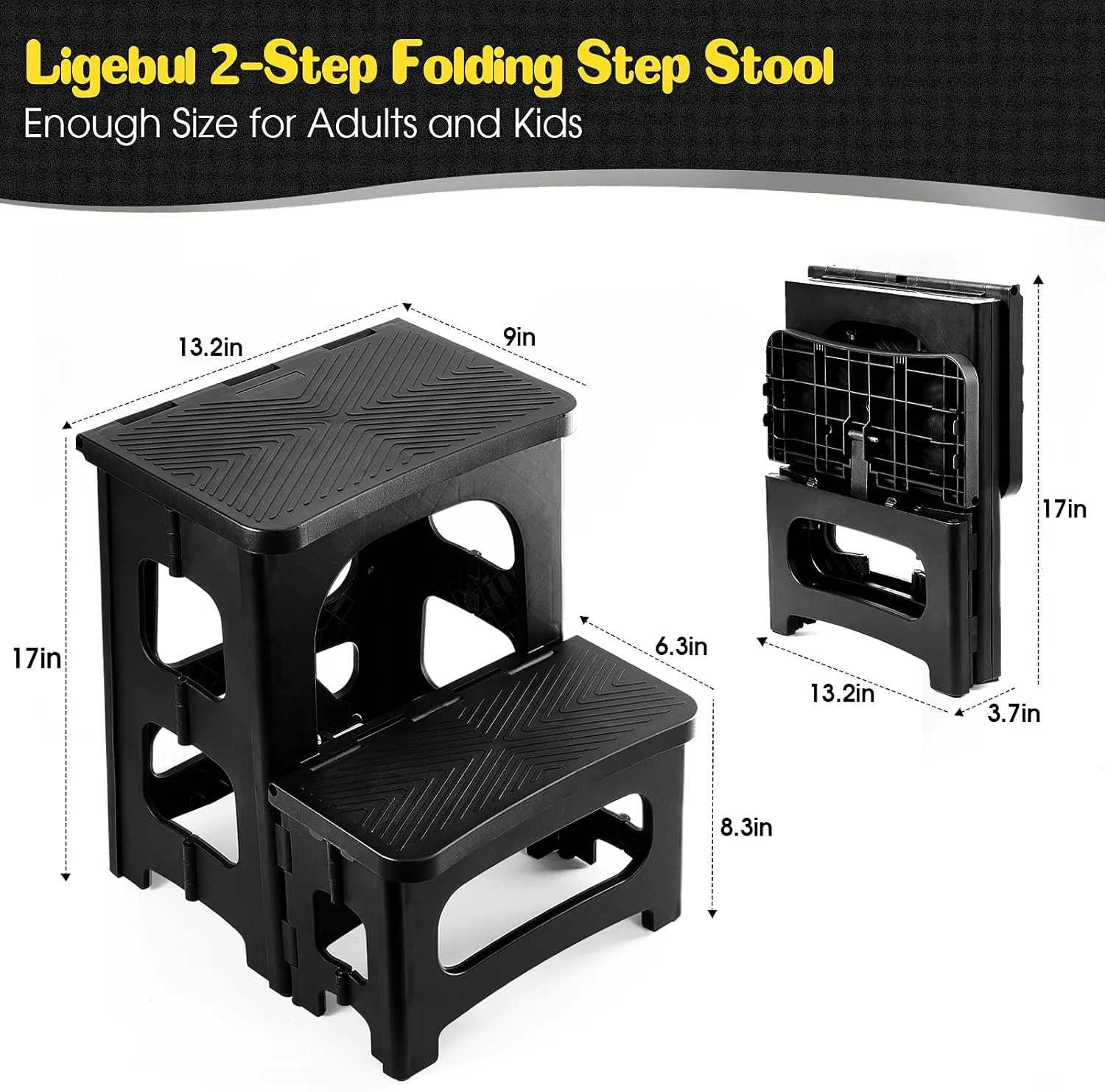 2-Step Stool Foldable, Non-Slip Folding Step Stool Plastic Steps Ladder Bedside Stepstools Collapsible Step Stools for Adults for Kitchen Home Bathroom RV-Black