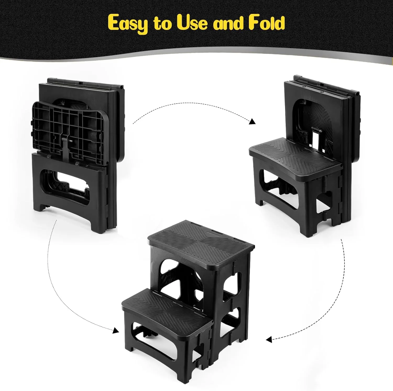 2-Step Stool Foldable, Non-Slip Folding Step Stool Plastic Steps Ladder Bedside Stepstools Collapsible Step Stools for Adults for Kitchen Home Bathroom RV-Black