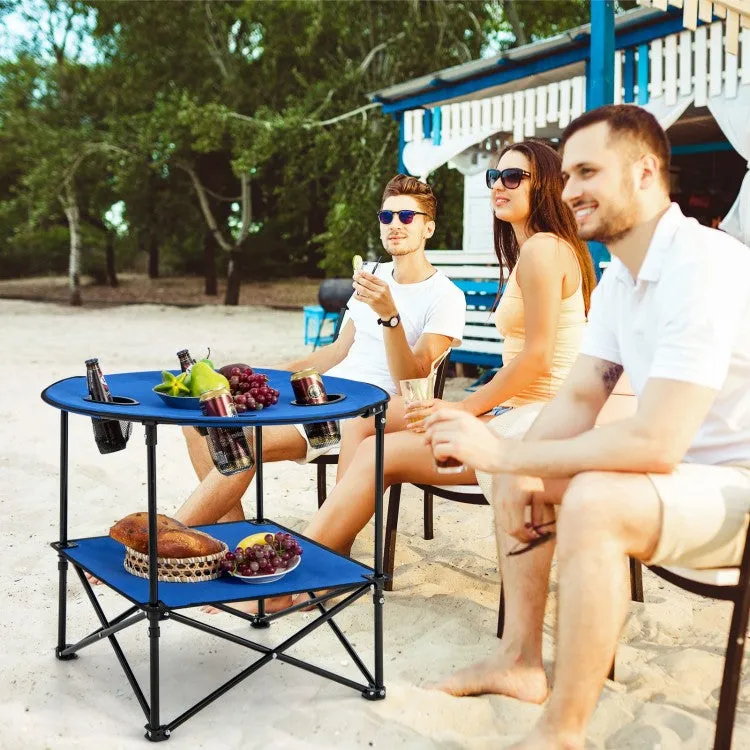 2-Tier Foldable Table Camping with Portable Carrying Bag and 4 Cup Holders - Suitable for Beach and Fishing