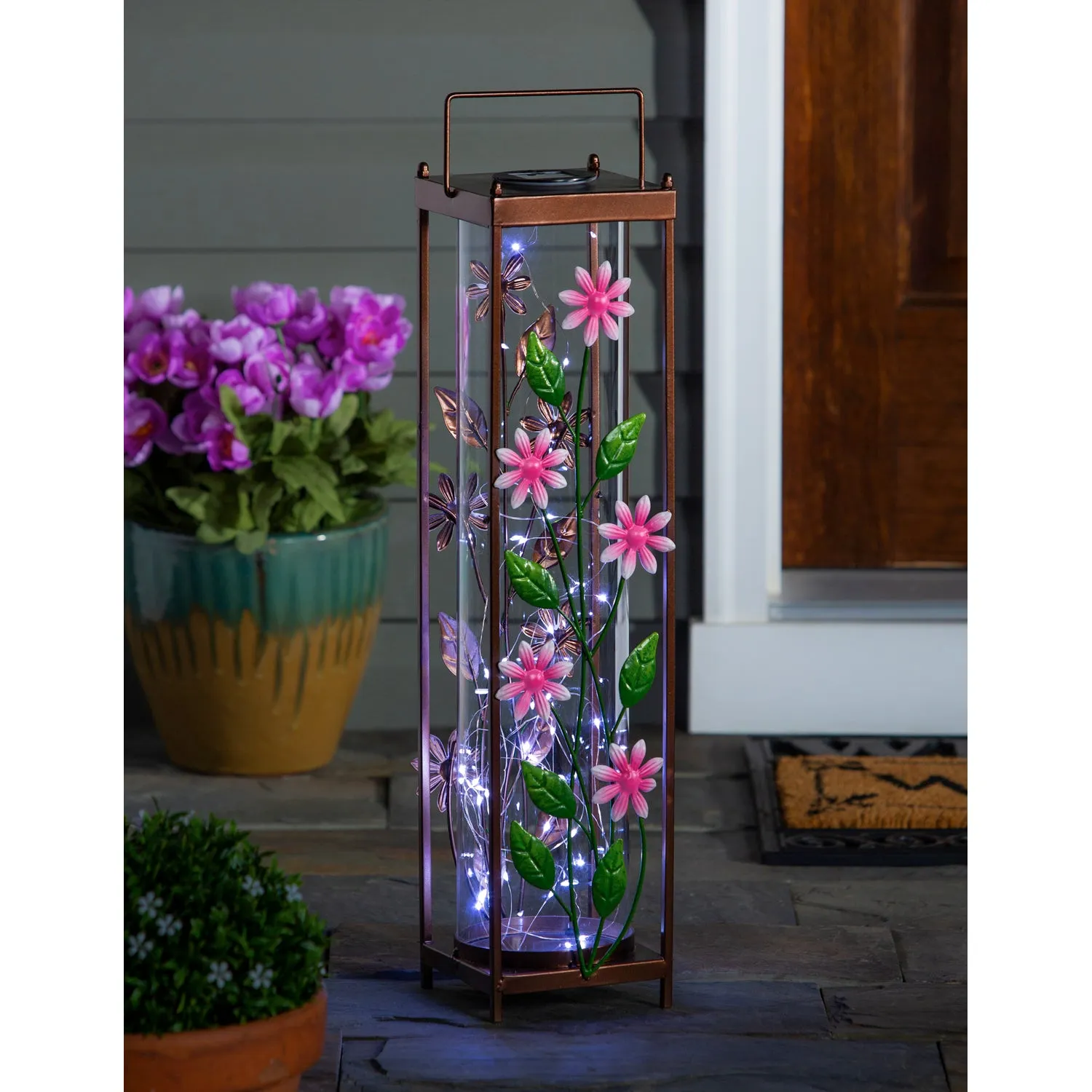 22.5"H Solar Statement Lantern, Pink Wildflowers,2sp7128