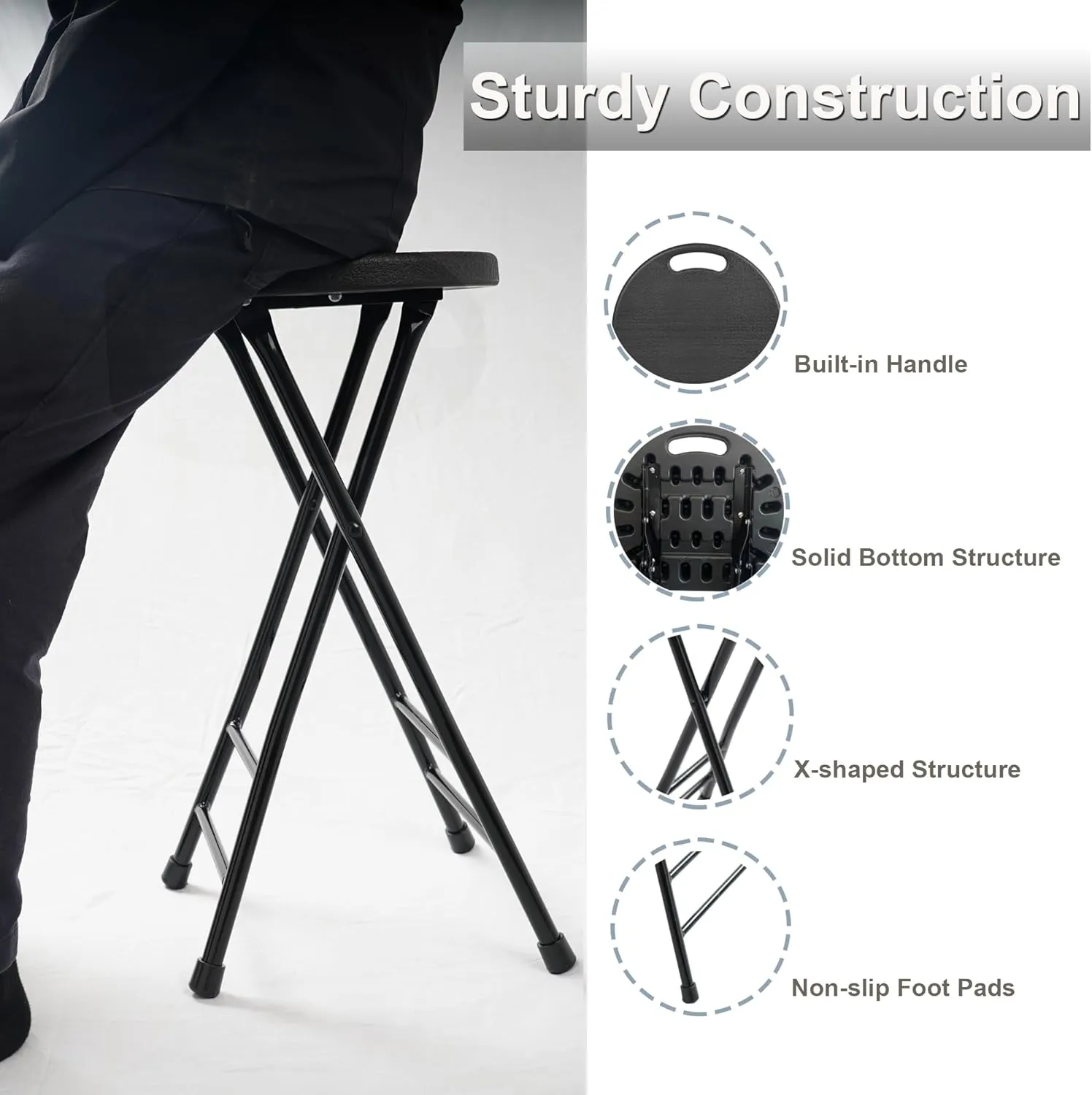 24-Inch Folding Stool with Handle, Folding Bar Stool with Non-Slip Feet,Folding Chair,Indoor and Outdoor Foldable Stool for Adults,600 lbs Capacity,Kitchen,Game Room(13"×11.5"×24")