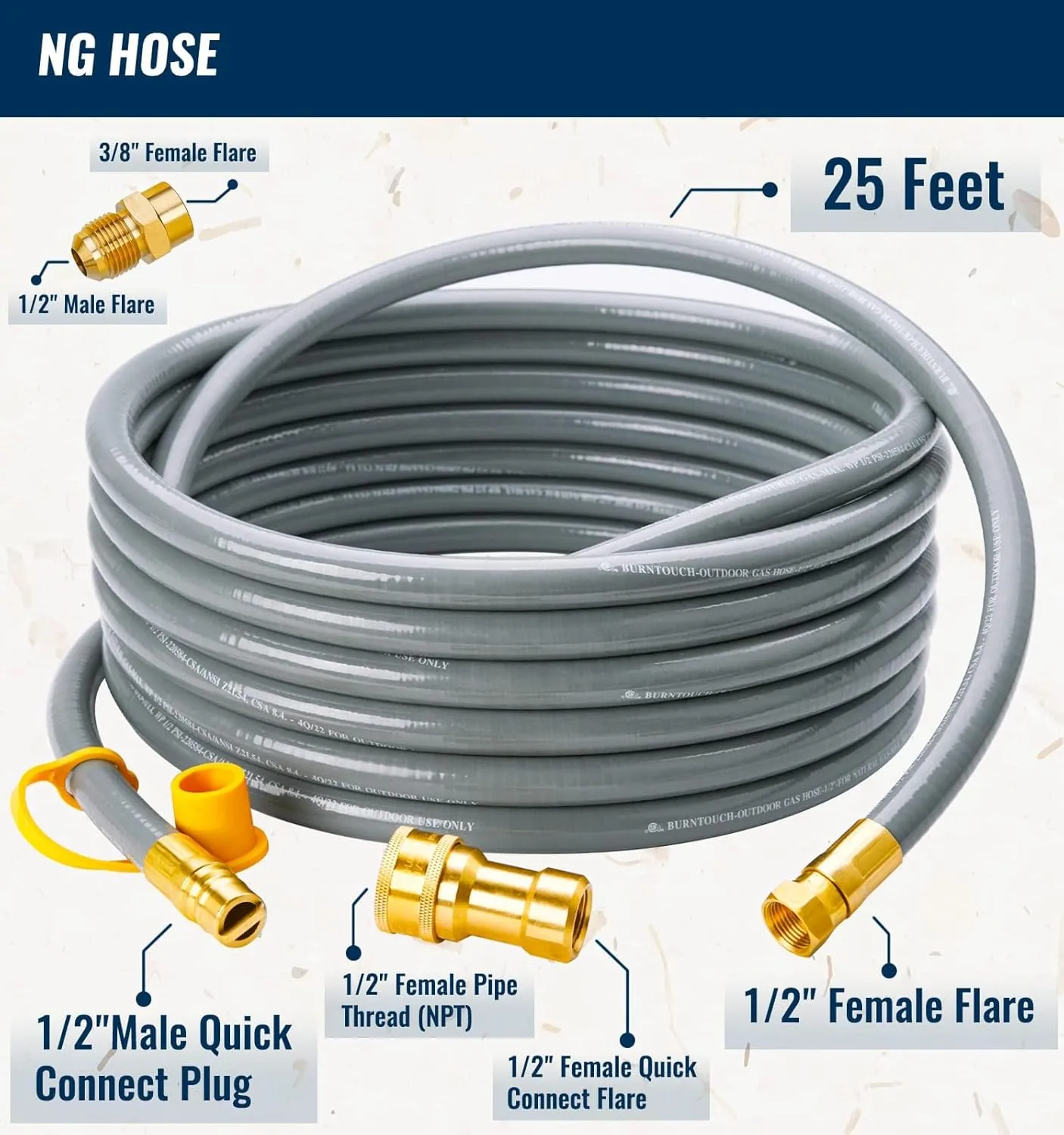 25 Feet 1/2 inch ID Natural Gas Grill Hose with Quick Connect Fittings, Natural Gas Line for Grill, Pizza Oven, Heater and More Low Pressure Appliance