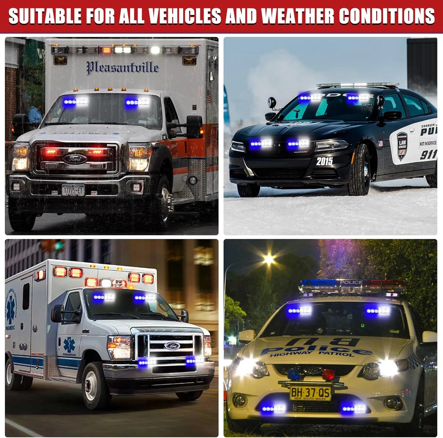 2X 6.1 inch Emergency Strobe Lights Blue White 12 LED Hazard Warning Flashing Safety Dash Front/Rear Windshield Lights Grill Surface Mount for Police Firefighter Ambulance Vehicles Trucks
