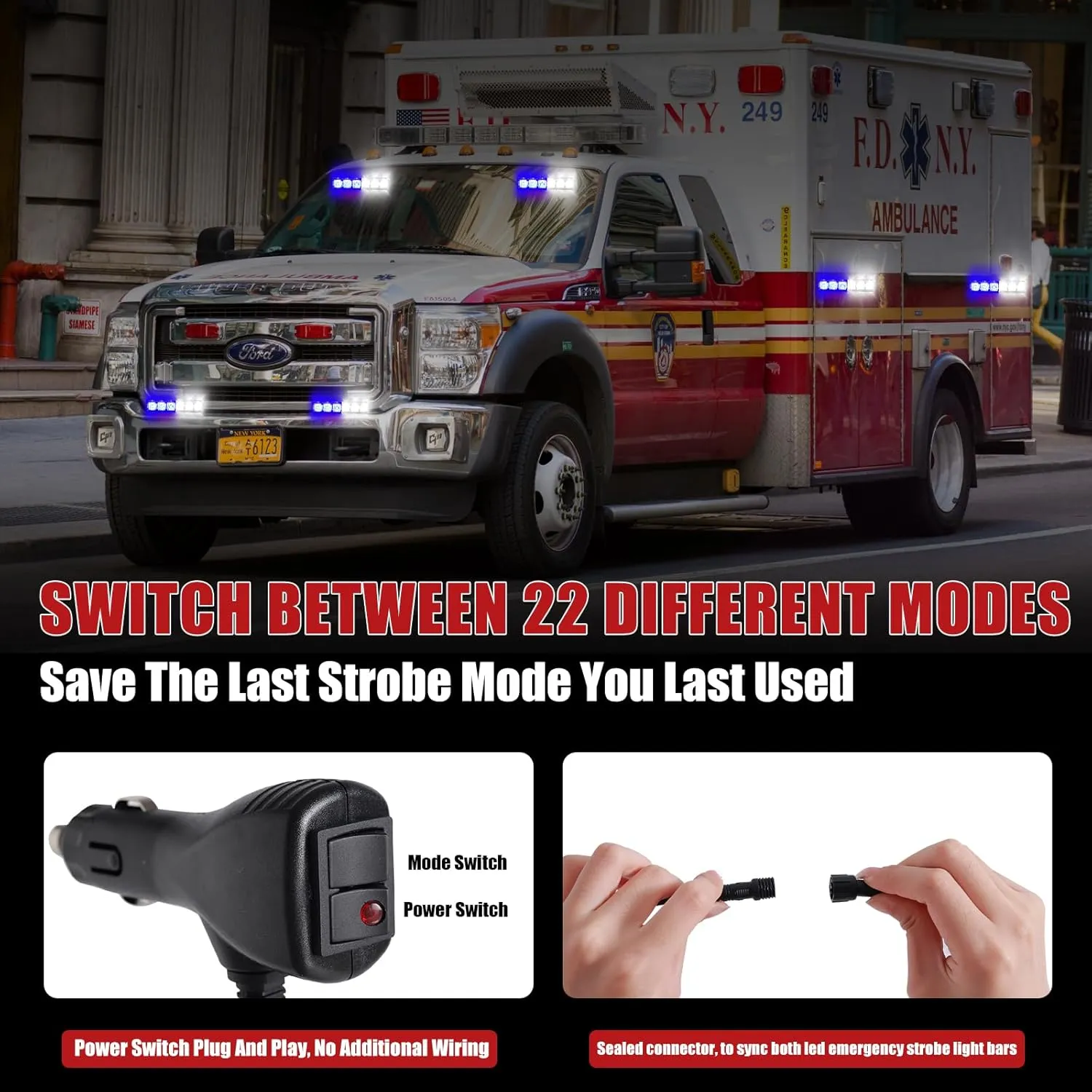 2X 6.1 inch Emergency Strobe Lights Blue White 12 LED Hazard Warning Flashing Safety Dash Front/Rear Windshield Lights Grill Surface Mount for Police Firefighter Ambulance Vehicles Trucks