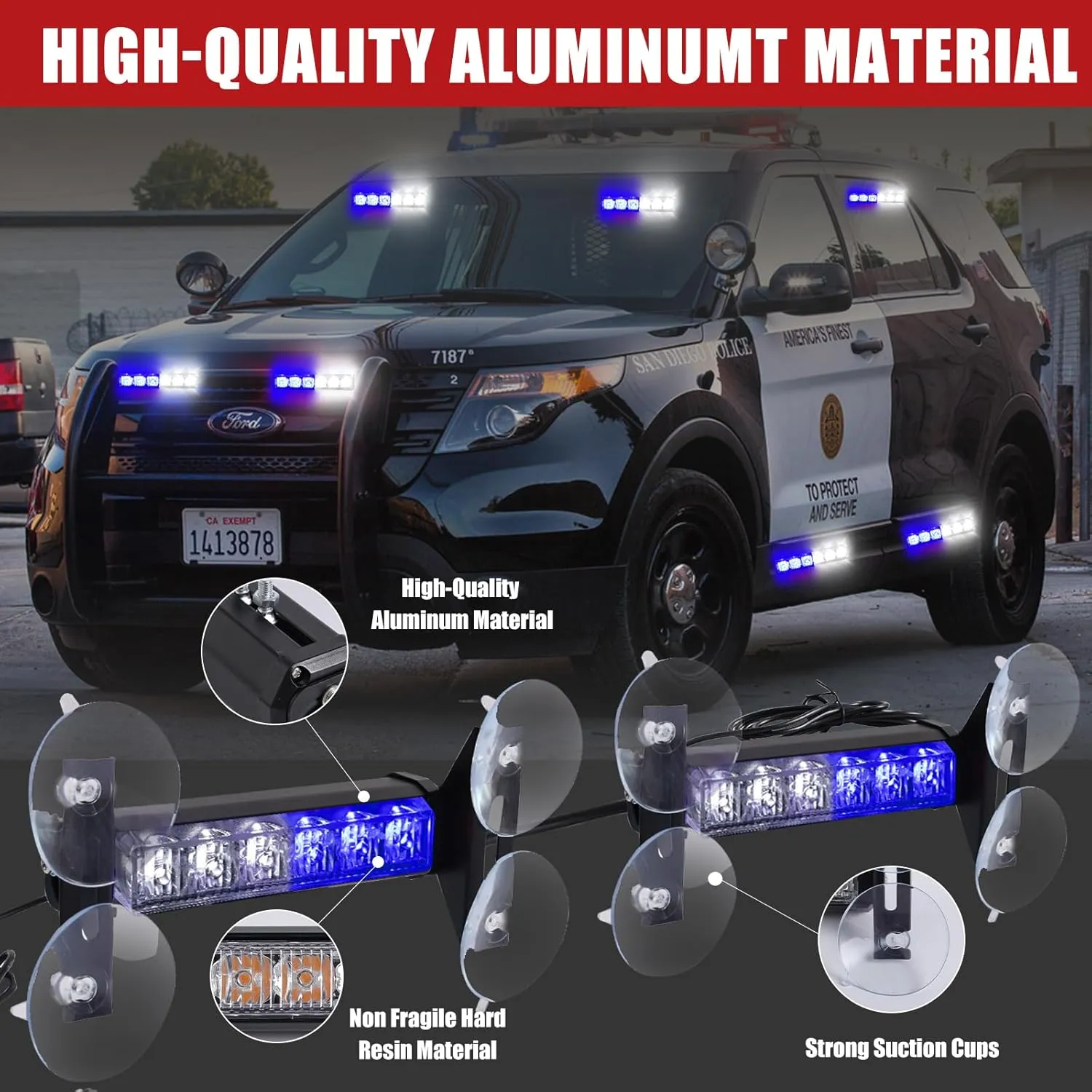 2X 6.1 inch Emergency Strobe Lights Blue White 12 LED Hazard Warning Flashing Safety Dash Front/Rear Windshield Lights Grill Surface Mount for Police Firefighter Ambulance Vehicles Trucks