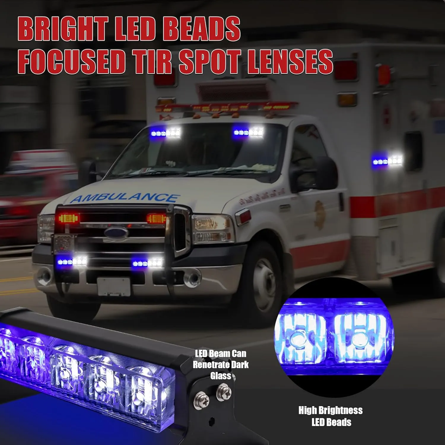 2X 6.1 inch Emergency Strobe Lights Blue White 12 LED Hazard Warning Flashing Safety Dash Front/Rear Windshield Lights Grill Surface Mount for Police Firefighter Ambulance Vehicles Trucks