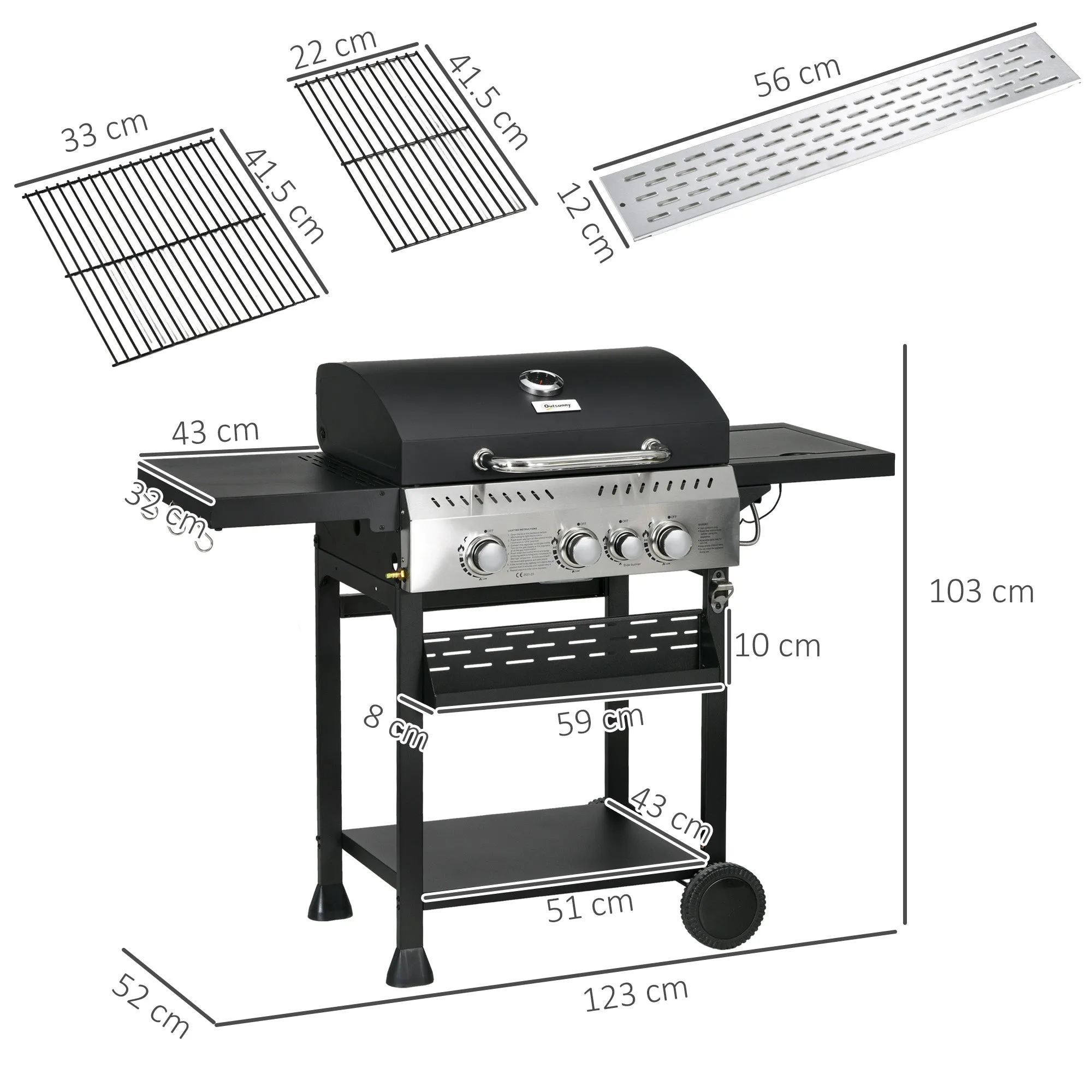 3 1 Gas Burner Grill, 11.5 kW Propane Gas Barbecue BBQ Grill with Wheels, Warming Rack, Shelves, Thermometer, Bottle Opener, Black