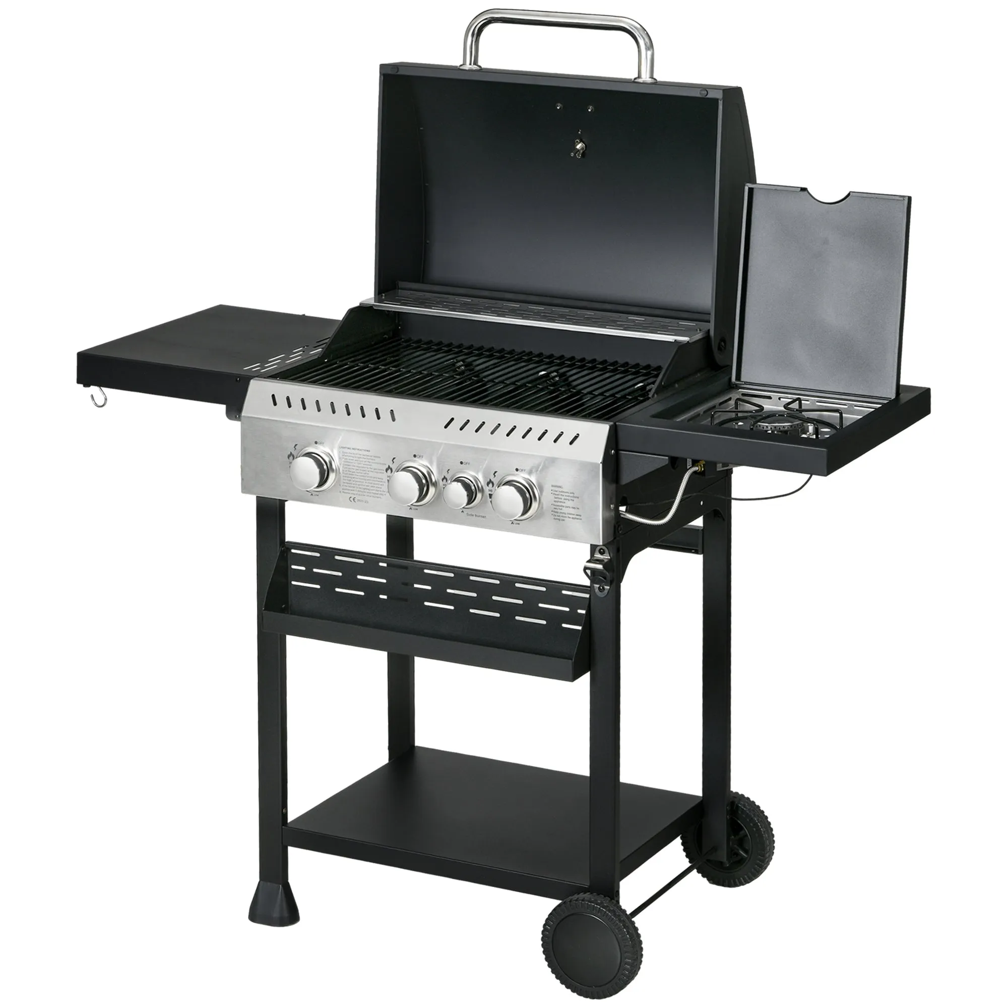 3 1 Gas Burner Grill, 11.5 kW Propane Gas Barbecue BBQ Grill with Wheels, Warming Rack, Shelves, Thermometer, Bottle Opener, Black