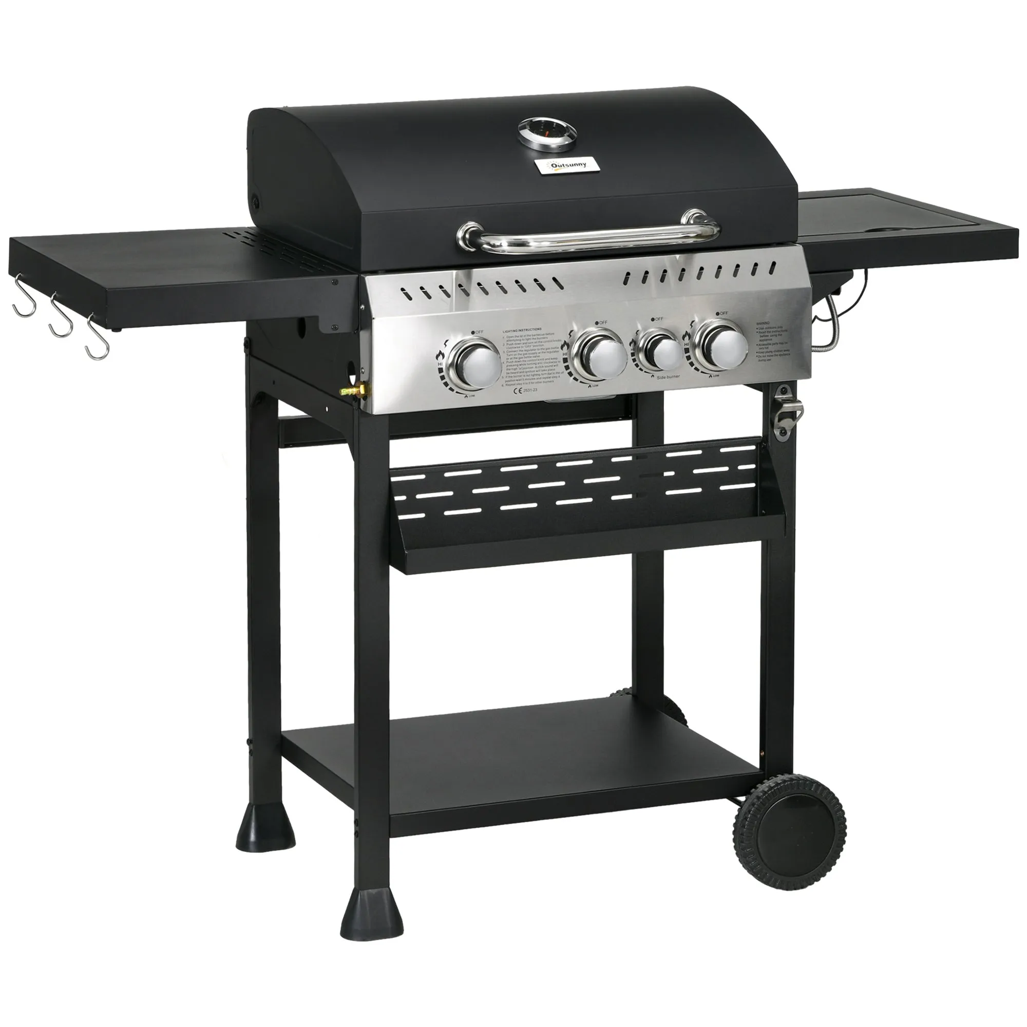 3 1 Gas Burner Grill, 11.5 kW Propane Gas Barbecue BBQ Grill with Wheels, Warming Rack, Shelves, Thermometer, Bottle Opener, Black
