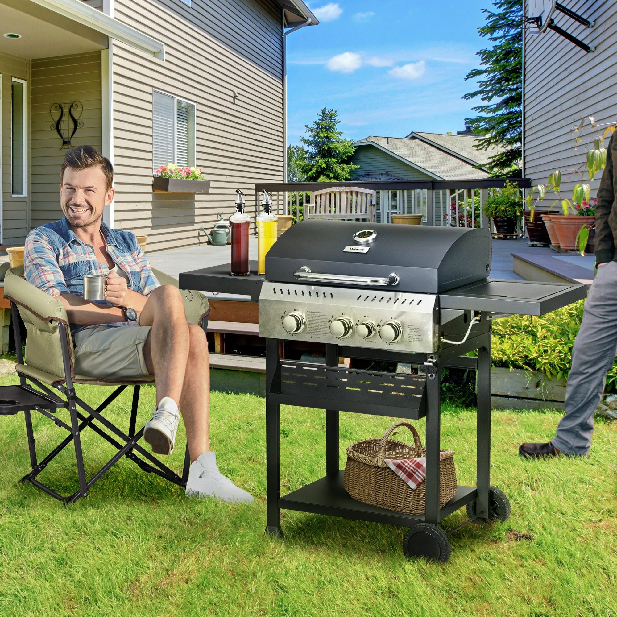 3 1 Gas Burner Grill, 11.5 kW Propane Gas Barbecue BBQ Grill with Wheels, Warming Rack, Shelves, Thermometer, Bottle Opener, Black