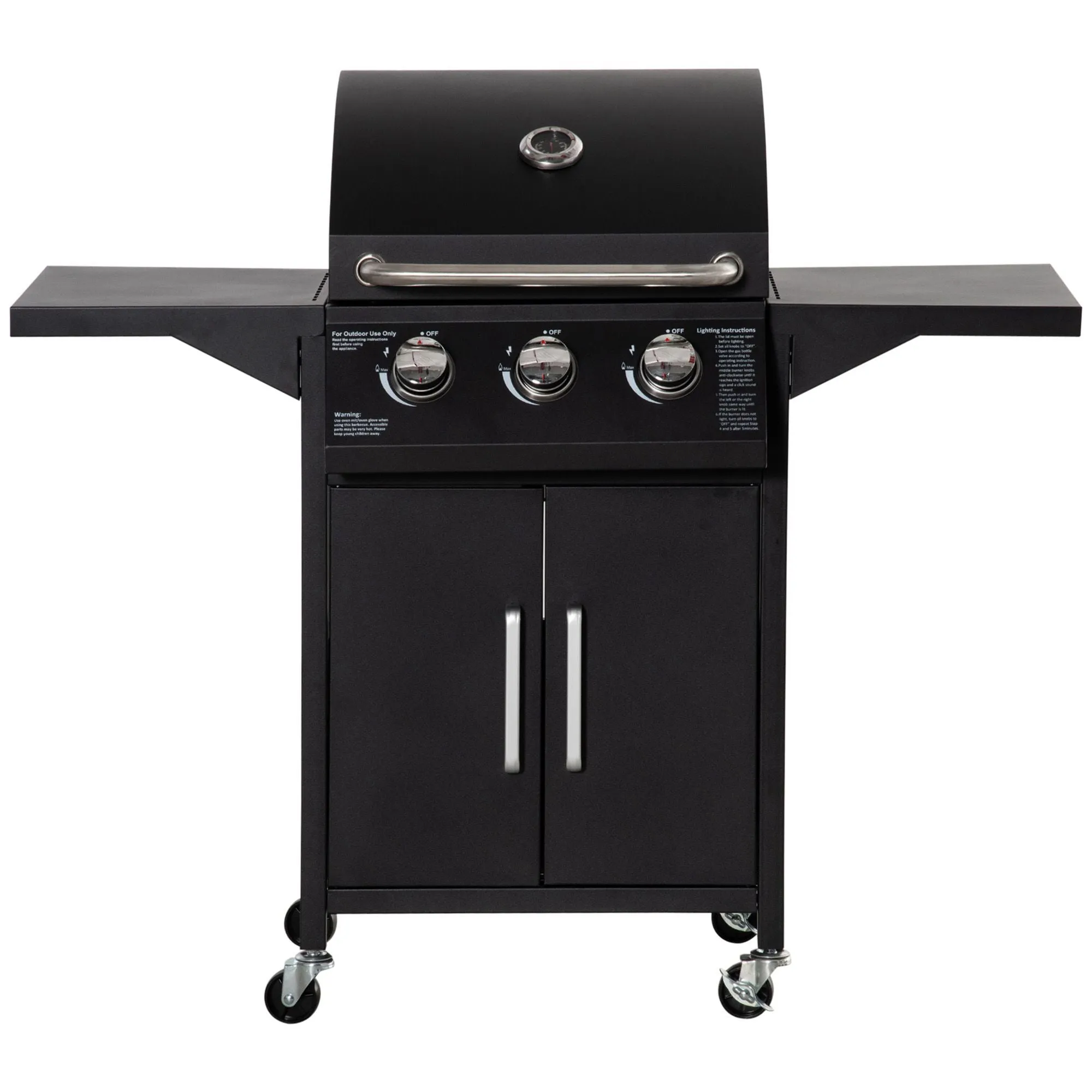 3 Burner Gas Grill, Outdoor Portable Propane Grill with Wheels, Carbon Steel Barbecue Trolley with Warming Rack, Side Shelves, Storage Cabinet, Thermometer, Black