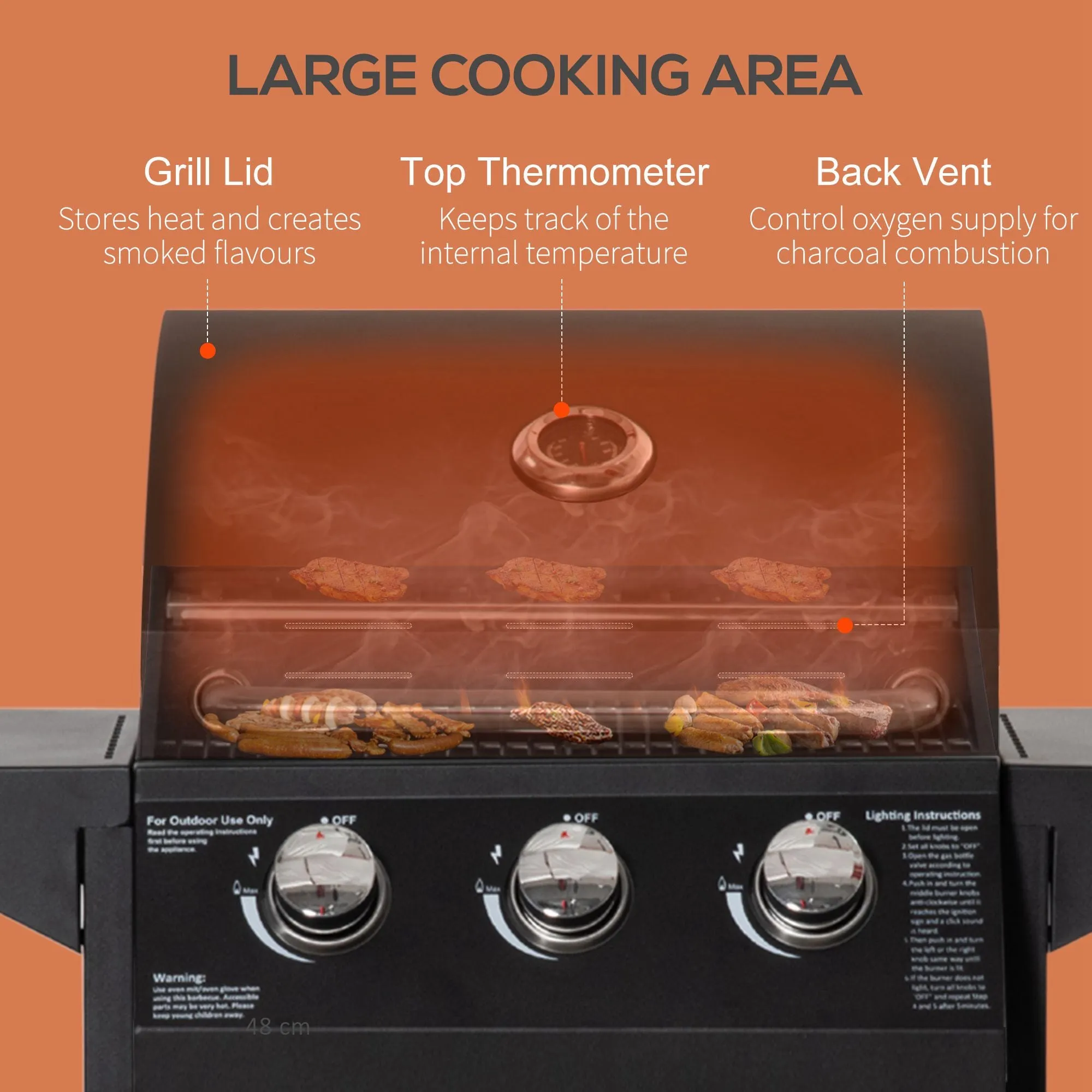 3 Burner Gas Grill, Outdoor Portable Propane Grill with Wheels, Carbon Steel Barbecue Trolley with Warming Rack, Side Shelves, Storage Cabinet, Thermometer, Black