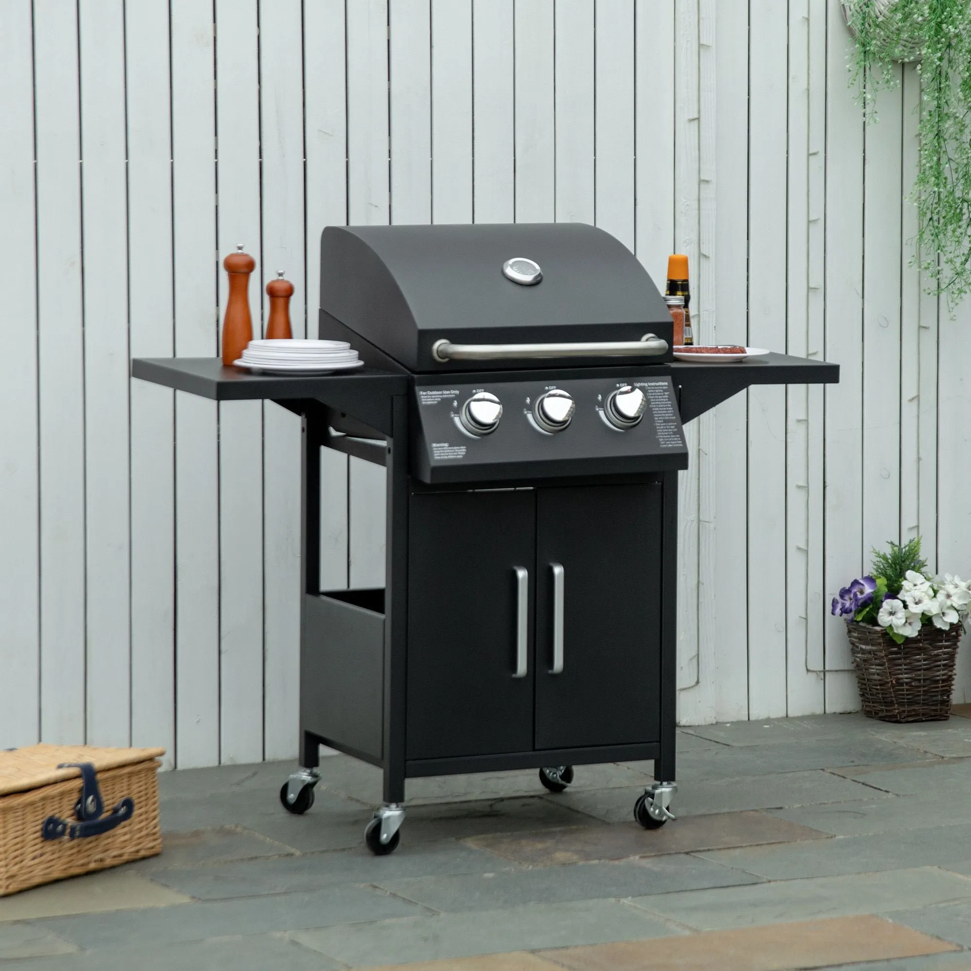 3 Burner Gas Grill, Outdoor Portable Propane Grill with Wheels, Carbon Steel Barbecue Trolley with Warming Rack, Side Shelves, Storage Cabinet, Thermometer, Black