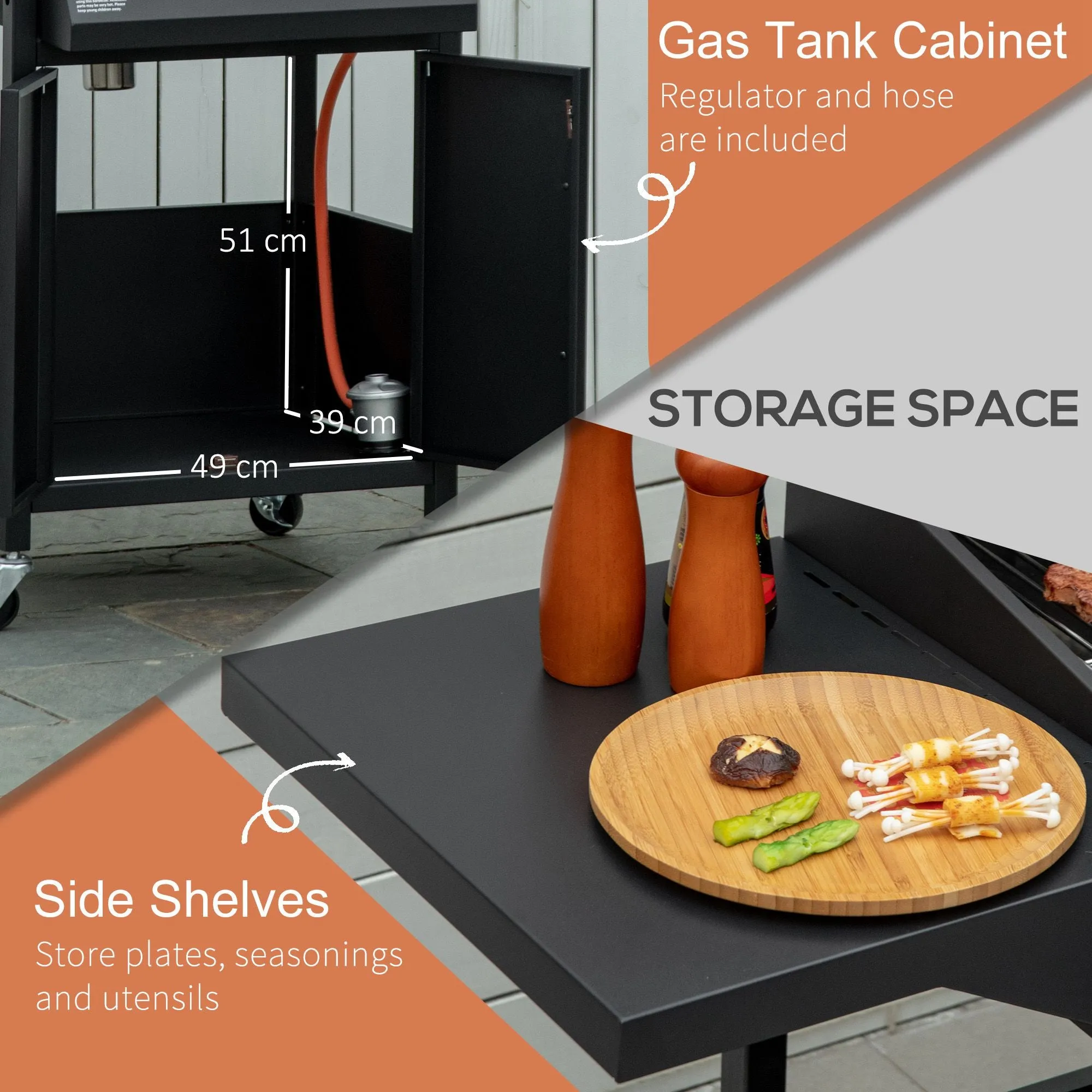 3 Burner Gas Grill, Outdoor Portable Propane Grill with Wheels, Carbon Steel Barbecue Trolley with Warming Rack, Side Shelves, Storage Cabinet, Thermometer, Black