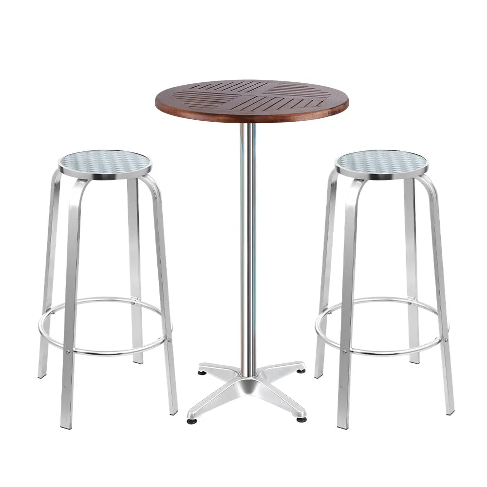 3 PC Round Aluminum & Wood Bar Stool & Table Set for Indoor or Outdoors