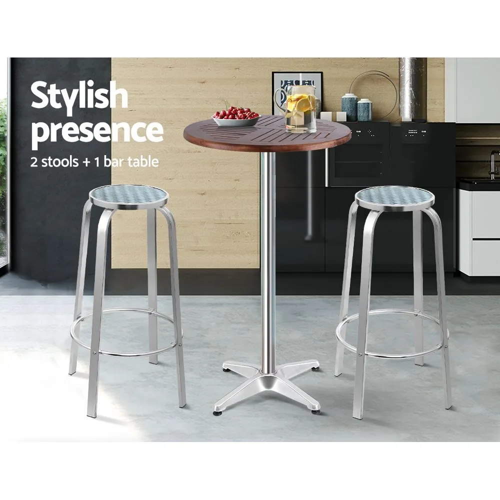 3 PC Round Aluminum & Wood Bar Stool & Table Set for Indoor or Outdoors