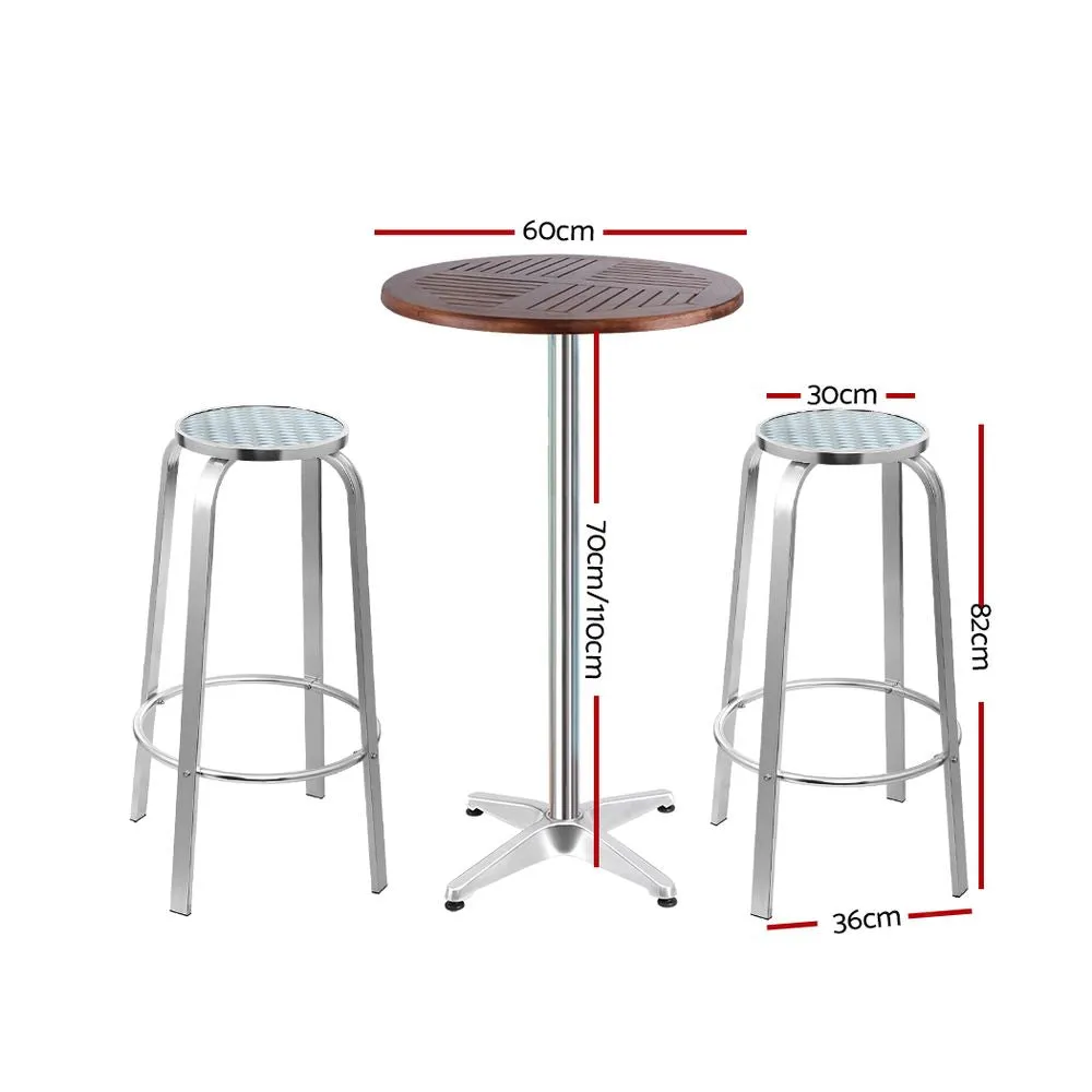 3 PC Round Aluminum & Wood Bar Stool & Table Set for Indoor or Outdoors