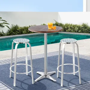 3 PC Round Aluminum & Wood Bar Stool & Table Set for Indoor or Outdoors
