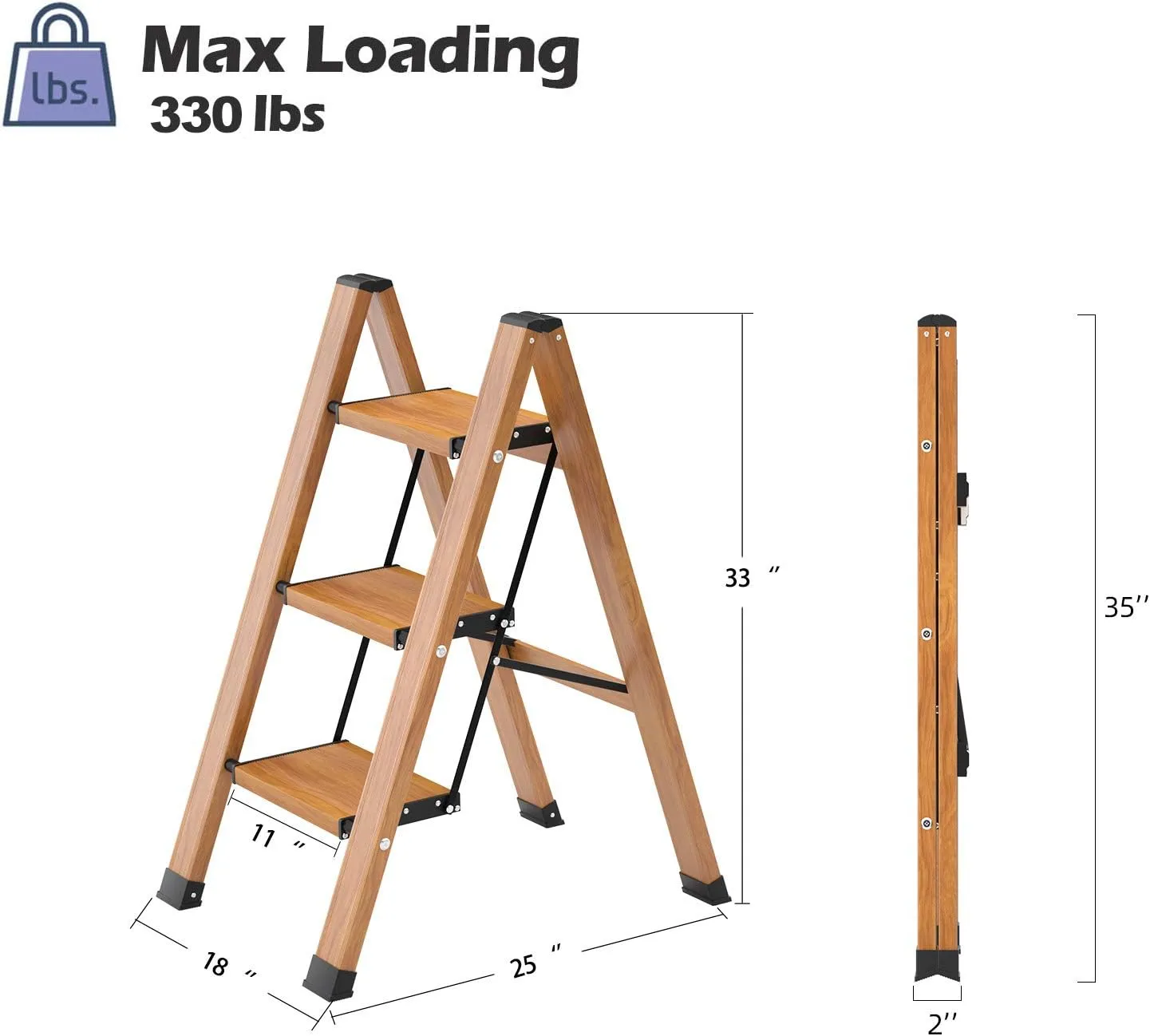 3 Step Ladder Folding Step Stool with Anti-Slip Sturdy and Wide Pedal, Lightweight 330lbs Portable Aluminum Woodgrain Shelf for Household and Kitchen Space Saving