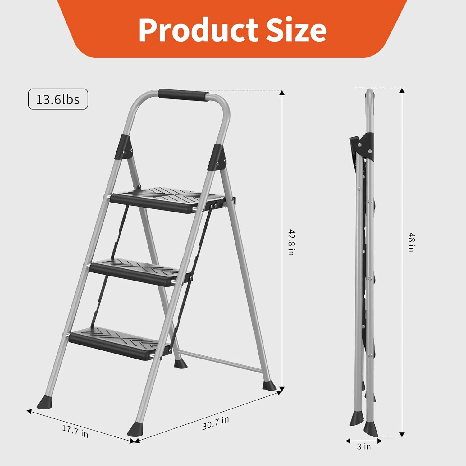 3 Step Ladder, Folding Step Stool with Anti-Slip Wide Pedal, Soft Handle, Anti-Slip Feet, Sturdiest Steel Construction, 900lbs Capacity Steel Ladder for Home and Office, Grey