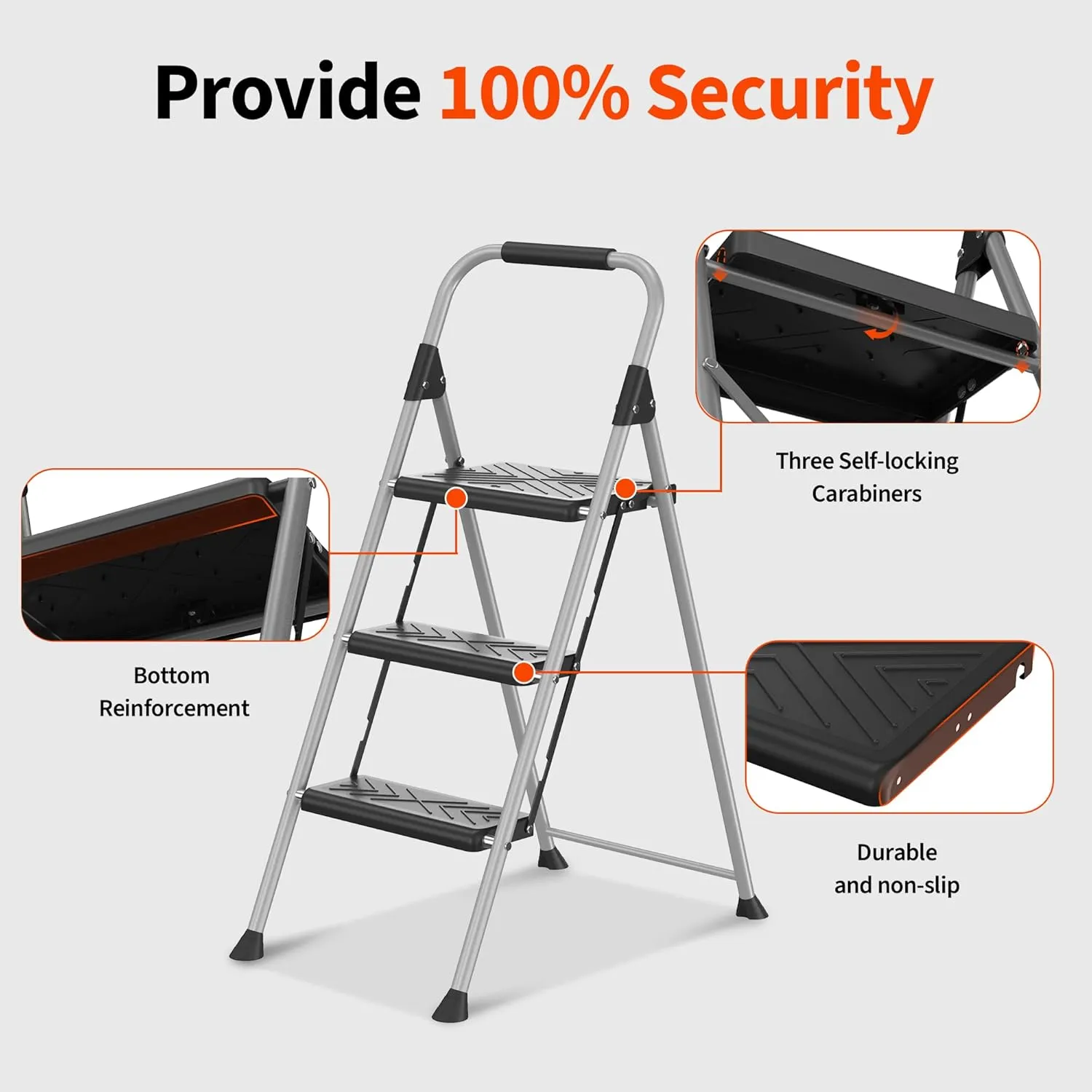 3 Step Ladder, Folding Step Stool with Anti-Slip Wide Pedal, Soft Handle, Anti-Slip Feet, Sturdiest Steel Construction, 900lbs Capacity Steel Ladder for Home and Office, Grey