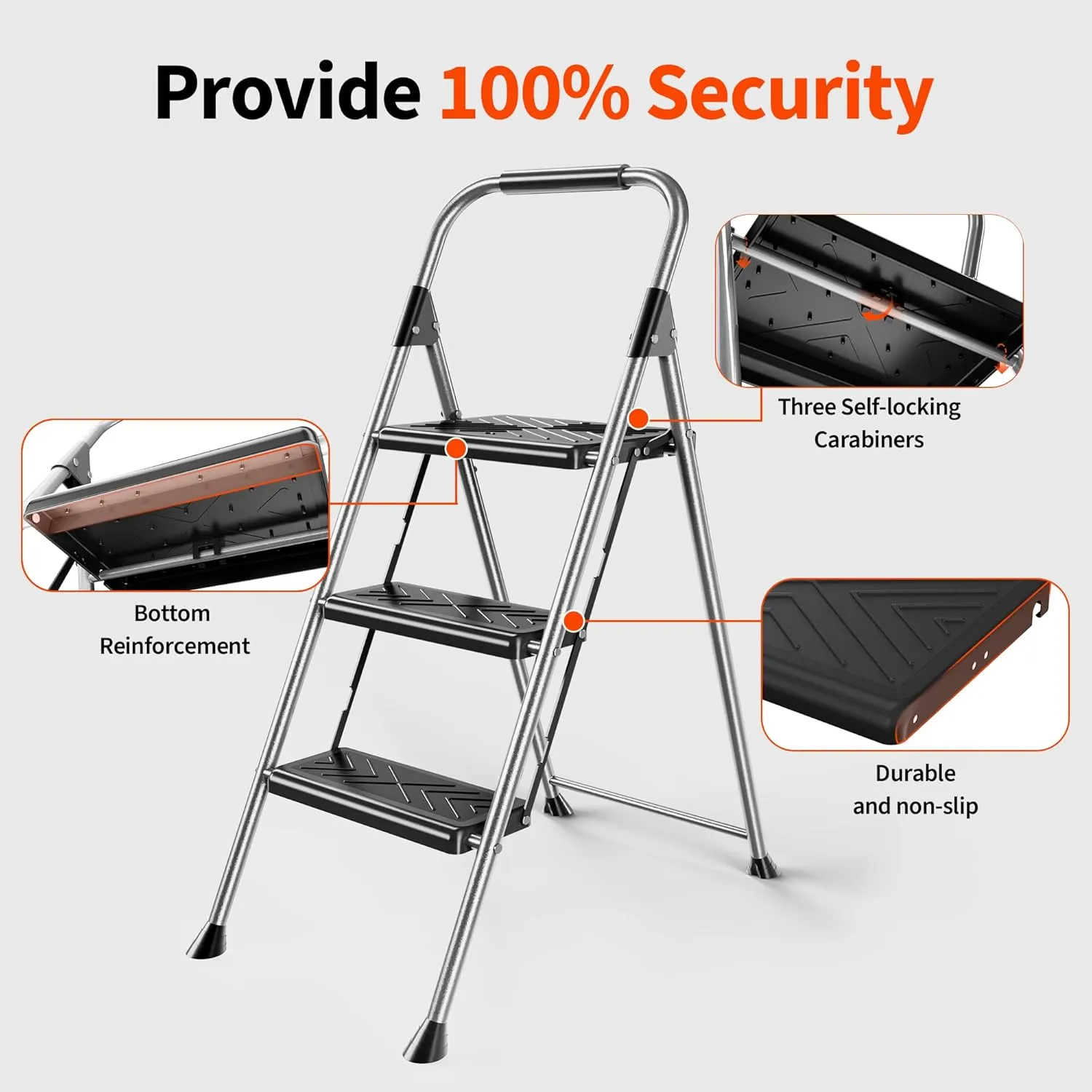 3 Step Ladder, Folding Step Stool with Anti-Slip Wide Pedal, Soft Handle, Anti-Slip Feet, Sturdiest Steel Construction, 900lbs Capacity Steel Ladder for Home and Office, Grey