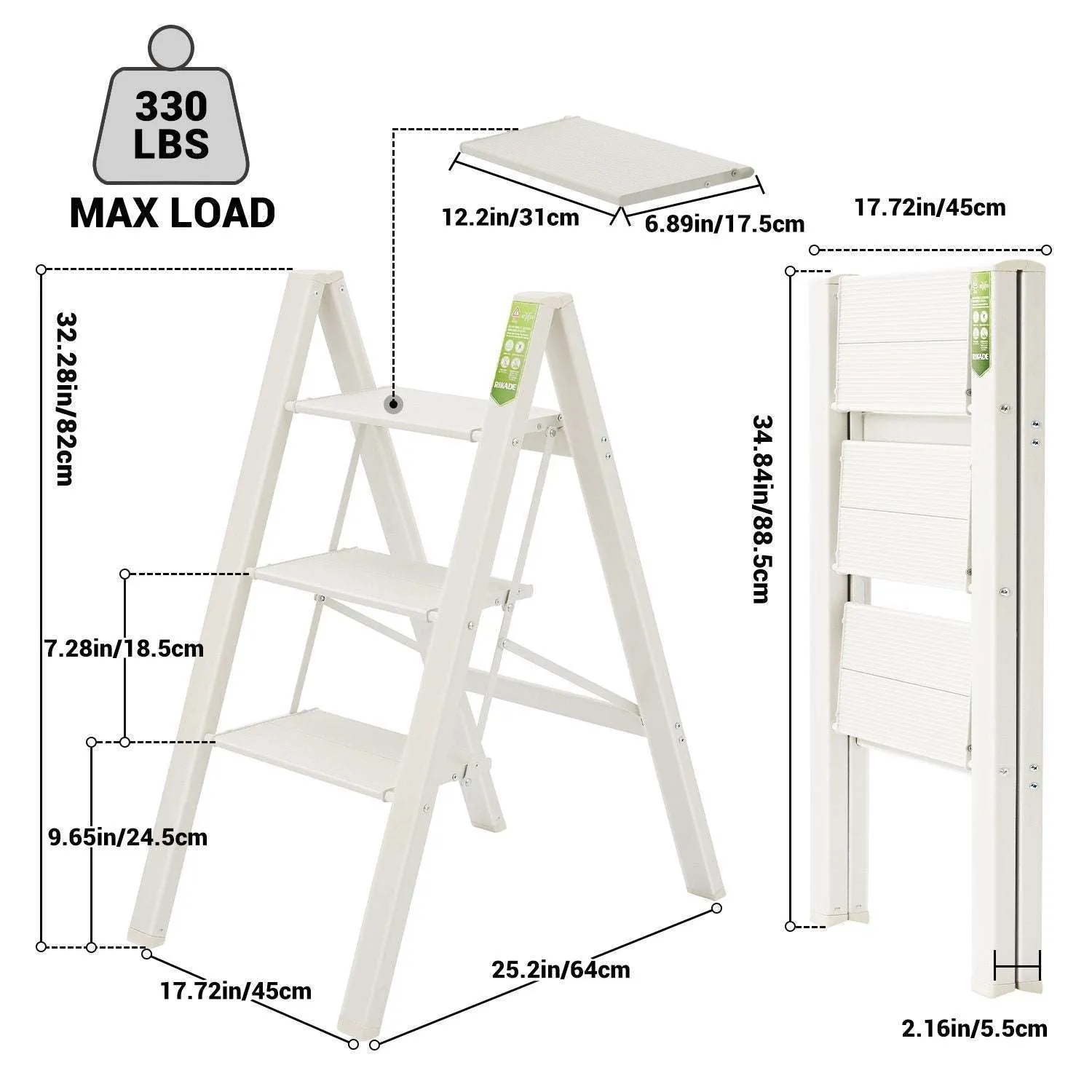3 Step Ladder; Folding Step Stool with Wide Anti-Slip Pedal; Aluminum Portable Lightweight Ladder for Home and Office Use; Kitchen Step Stool 330lb Capacity