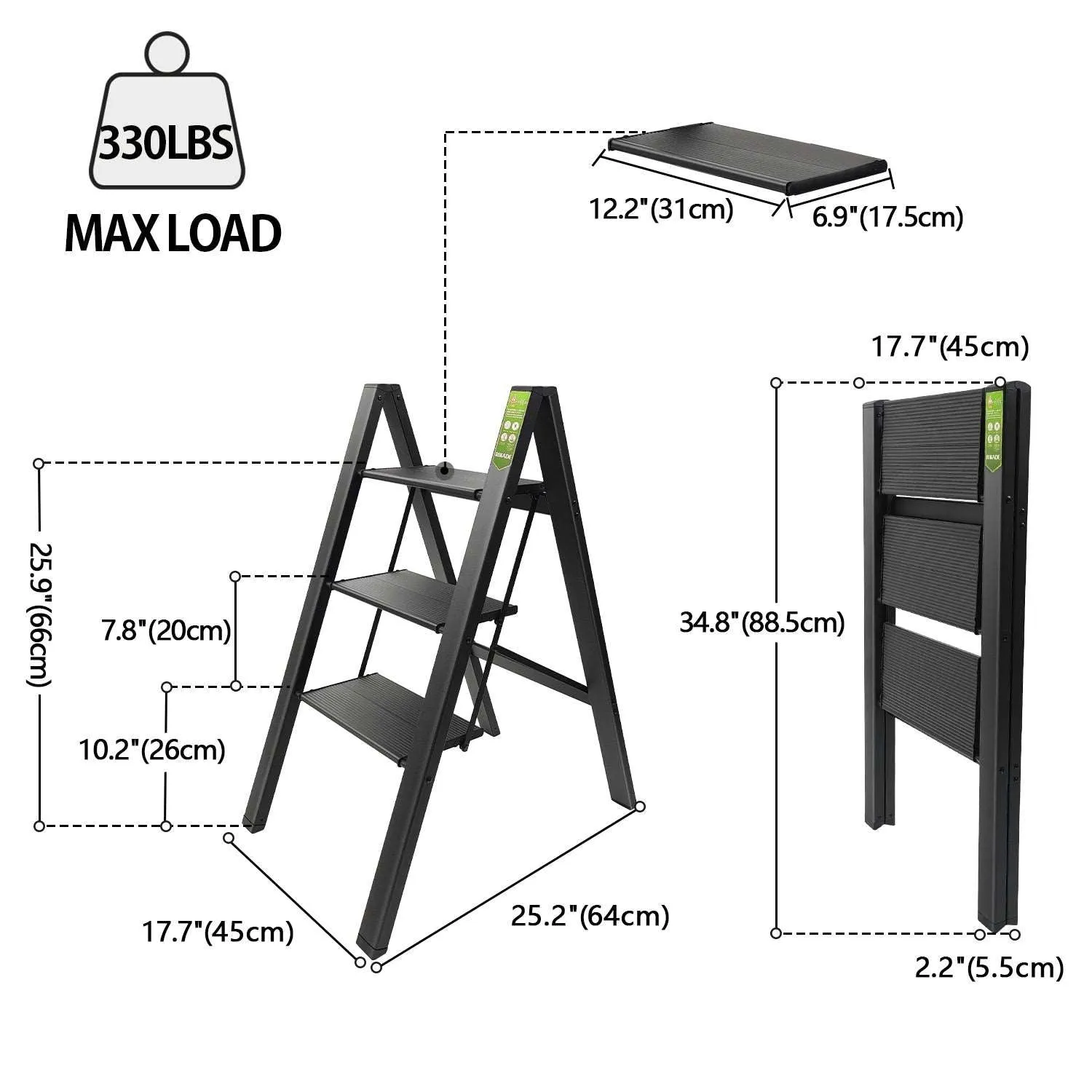 3 Step Ladder; Folding Step Stool with Wide Anti-Slip Pedal; Aluminum Portable Lightweight Ladder for Home and Office Use; Kitchen Step Stool 330lb Capacity