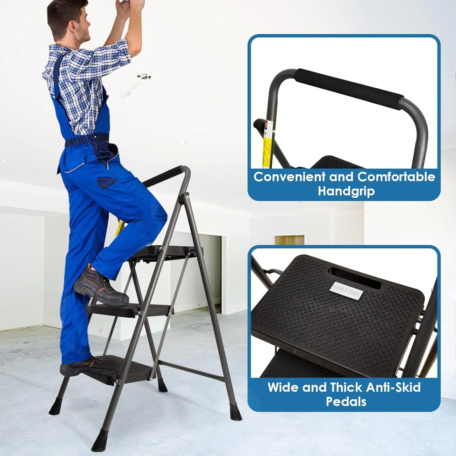 3 Step Ladder, GOLYTON Folding Step Stool with Anti-Slip Wide Pedal & Convenient Handgrip, 500lbs Capacity Steel Ladder for Household and Office, Grey