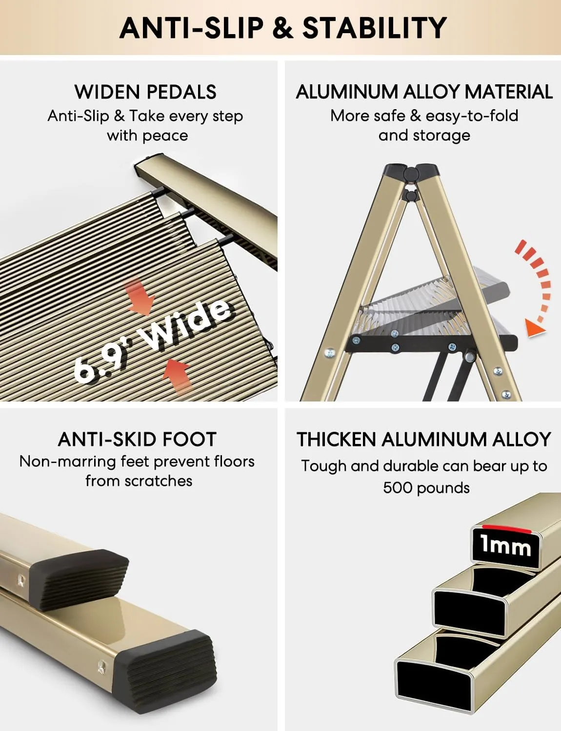 3 Step Ladder, Lightweight Portable Folding Step Stool with Anti-Slip Sturdy and Wide Pedal, 330lb Capacity, Perfect Multi-Use Aluminum Stepladder for Home Kitchen Office, Gold