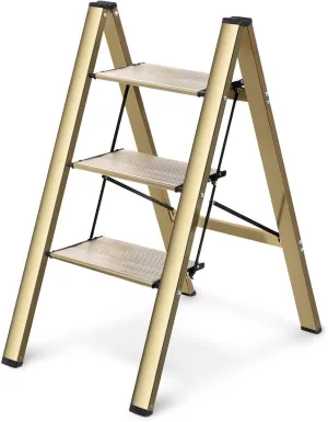 3 Step Ladder, Lightweight Portable Folding Step Stool with Anti-Slip Sturdy and Wide Pedal, 330lb Capacity, Perfect Multi-Use Aluminum Stepladder for Home Kitchen Office, Gold